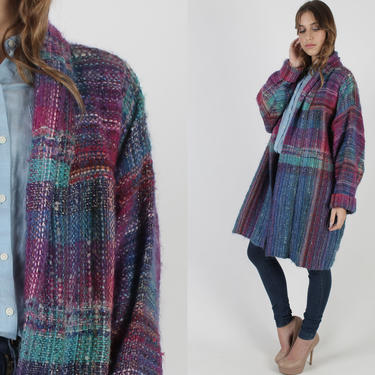 Rainbow Knit Full Length Sweater / 80s Colorful Duster Jacket / Vintage 80s Woven Nubby Wool Sweater 