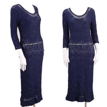 50s navy ribbon knit crochet dress 6  / vintage 1950s knitwear sweater girl pin up body con wiggle dress M 60s 