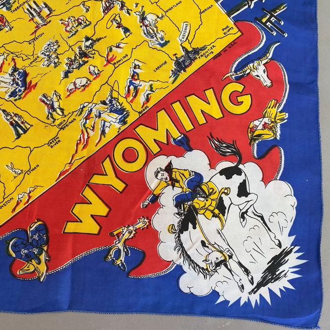 Vintage Wyoming Cowboy Silk Souvenir Scarf 
