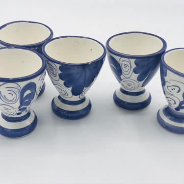 Vintage (5) Piece Egg Cups and s Hand painted Blue and White Porcelain- Happy Easter 