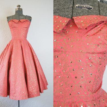 1950's Peach and Gold Strapless Gown with Sequins / Size XSmall 