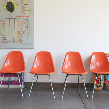 Set of 4, Orange Eames Shell Chairs with H Base for Herman Miller 