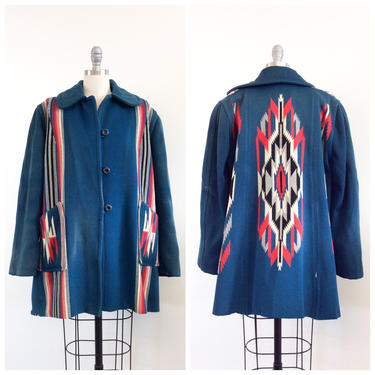 40s Blue CHIMAYO Wool Jacket / 1940s Vintage Short Swing Coat with Pockets / OSFM 