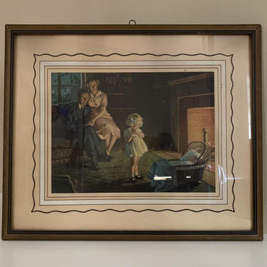 1940s - large framed lithograph of two parents &amp; two children by the fire 