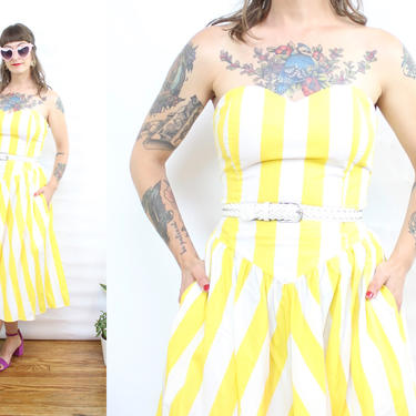 Vintage 80's Yellow and White Striped Strapless Summer Dress with Pockets / Summer 1980's Dress / Women's Size Small Medium by Ru