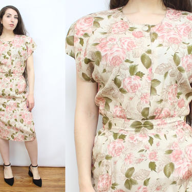 Vintage 90's Pink Rose Print 2 Piece Skirt and Blouse Set / 1990's Rose Print Skirt Set / Pockets / Women's Size Small 