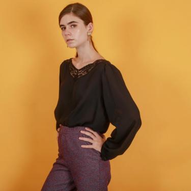 80s Black Sheer Beaded Blouse Vintage Lace Long Sleeve Bead Top 