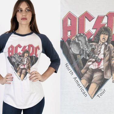 Vintage 1982 ACDC North American Tour T Shirt / 80s AC DC Heavy Metal Rock Shirt / Thin Raglan Jersey Girls Mens Angus Young 
