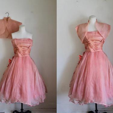 Vintage Coral Strapless Prom Dress with matching Bolero / S (as is) 