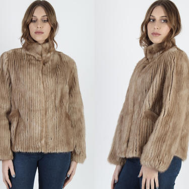 Vintage 80s Saga Mink Coat Real Brown Striped Fox Fur Coat Designer Womens Winter Corded Hook Closure Satin Lined Pockets Jacket 