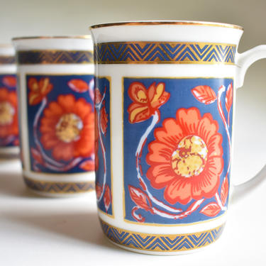 70s Peony Coffee Cups x3 | Neiman Marcus Floral | Japan Red Orange Blue White Gold Trim | 8oz Mug 70s 80s Vintage Porcelain Rising Sun Mark 