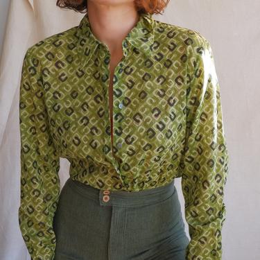 Vintage 90s Michael Kors Cotton Voile Link Blouse/ 1990s Kors Green Chain Print Sheer Blouse/ Size Medium 