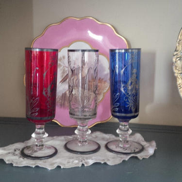 Glasses Vintage Pedestal Dessert Compotes Etched Silverplate Red,White and Blue Vintage Poppy Cottage 