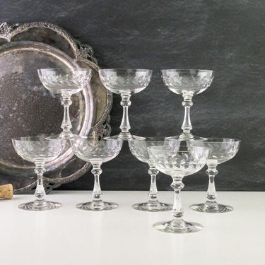 Set of 4 Cambridge Laurel Wreath Champagne Coupe Tall Sherbet Glasses, MCM Drinkware, Cut Glass Stemware, 1940s 1950s Vintage Barware 