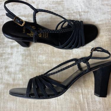 60’s sexy Black leather sling back ankle straps chunky  heels Peep toe Open toe beautiful Italian made Amalfi shoes Size 9.5 size 9 