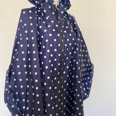 90s Polka Dot CAPE, polka dot rain coat pull over navy blue and white polka dots batwing sleeves  retro rain jacket s m l 