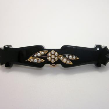 Antique Victorian Polished Black Onyx Mourning Bar Brooch with 10k Gold Findings and Seed Pearl Inlay Floral Applique 