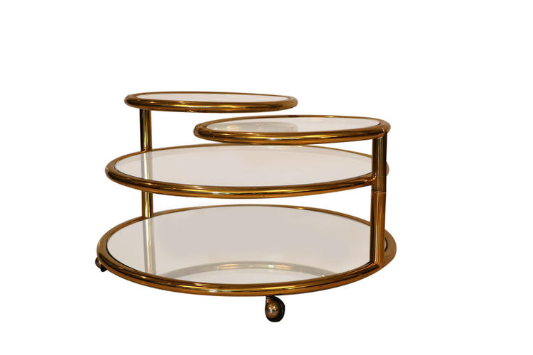 Milo Baughman style Mid Century Four Tier Brass Glass Swivel Coffee Table 