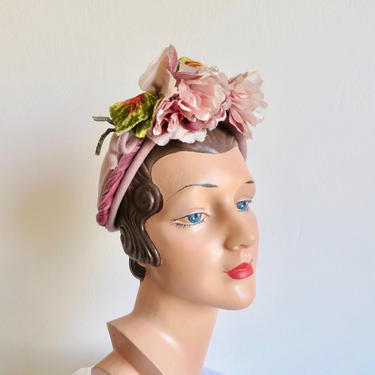 Vintage 1950's Lavender Lilac Felt Hat Pink Silk Velvet Roses Trim Calot Style Spring Garden Party Rockabilly Merrimac 50's Millinery 