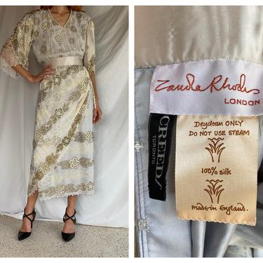 1970's Zandra Rhodes Silk Dress / Designer Hand Painted Tissue Silk Chiffon Dress / Pearl Beaded Fringe Sequin Flowers Leaves Wedding Dress 