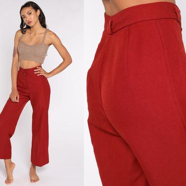 70s Bell Bottoms Pants -- Boho Hippie Bellbottom Red Polyester Trousers High Waist 1970s Vintage Bohemian Trousers Small 26 