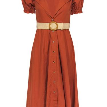 WeWoreWhat - Burnt Orange Puff Sleeve Button-Up Belted &quot;Bella&quot; Midi Dress Sz M