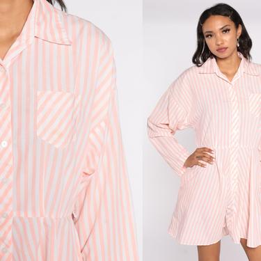 Striped Shirt Dress 80s Pastel Peach Pink Dress Button Up Mini Secretary Shirtdress High Waist Vintage Short Sleeve Dress Large L 