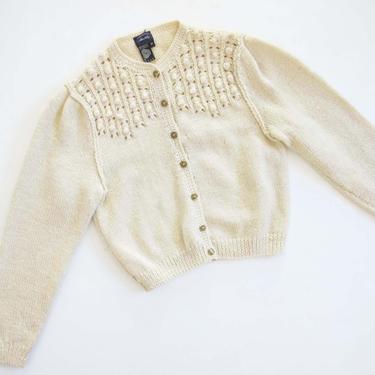 Vintage 70s Off White Wool Cardigan Small - Womens Pom Pom Knit Sweater - Cottage Core Cozy Wool Cardigan - Cable Knit Cardigan 
