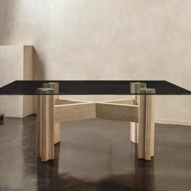 Large Travertine Dining Table with Glass Top