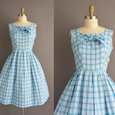 vintage 1950s dress | Dawn Crest Blue Plaid Print Sleeveless Full Skirt Cotton Dress | Medium | 50s vintage dress 