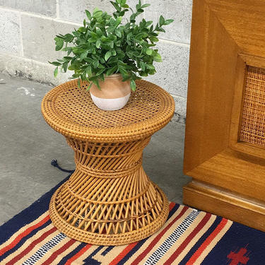 Vintage Plant Stand Retro 1990s Bohemian + Wicker and Cane + Hourglass Shape + Boho Side Table + Home Decor and Furniture 