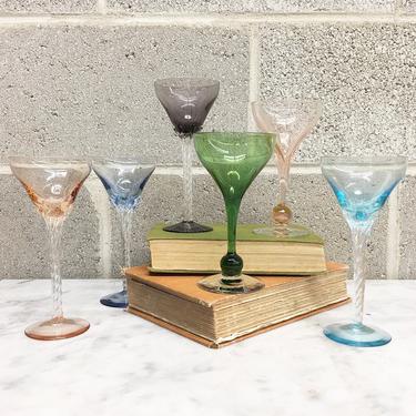 Vintage Glasses Set Retro 1960s Mid Century Modern + Aperitif + Coupe + Stemmed + Assorted Jewel Tones + Set of 6 + Home and Bar Decor 