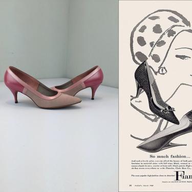 So Much Fashion So Little Time - Vintage 1950s 1960s Fiancees Tri Pink Leather Kitten Heels Shoes - 7 1/2 B 