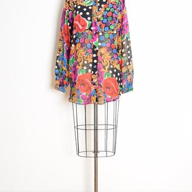 vintage 90s shirt black colorful floral scarf polka dot print sheer blouse top L clothing 