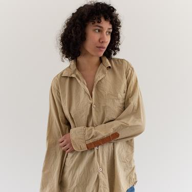 Vintage Rinsed Tan Long Sleeve Loop Collar Shirt | Simple Blouse | Crinkled Cotton Work Shirt | S M L | 