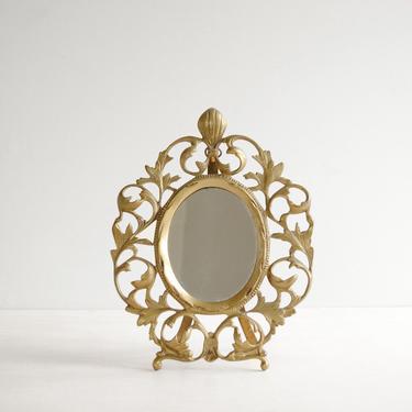 Vintage Ornate Brass Mirror for Wall or Tabletop, Antique Gold Rococo Mirror 