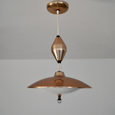 Beautiful Mid-century Modern Pendant Saucer Light Fixture in Copper &amp; Glass- Re-wired! 