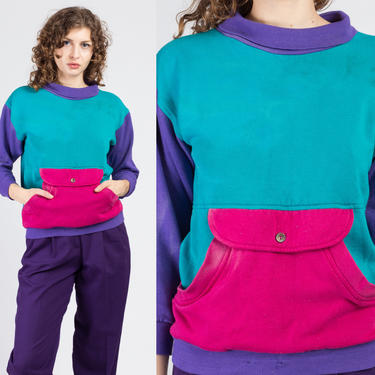 80s Color Block Pocket Sweatshirt - Extra Small | Vintage Distressed Oversize Turtleneck Pullover Jumper 