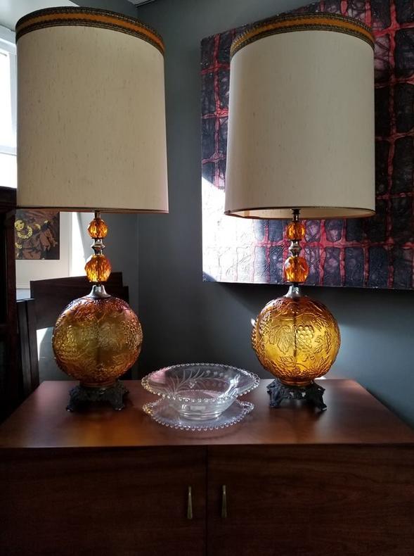 Pair of Mid-Century amber glass lamps