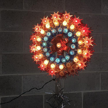 Vintage Tree Topper Retro 1960s Round + Multicolored + Stars + Aluminum Foil + Plastic + Red + Yellow + Blue + Christmas Lights + Home Decor 