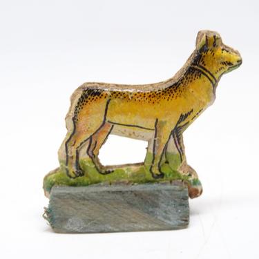 Antique German Dog in Wood Stand, Pressed Embossed Cardboard Stand Up Farm Toy for Christmas Putz or Nativity 
