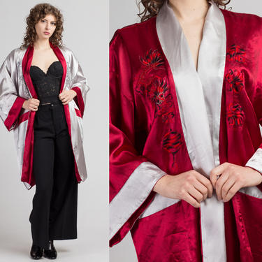 Vintage Reversible Satin Embroidered Dragon Smoking Jacket - One Size | Red &amp; Silver Silky Embroidered Asian Kimono Robe 