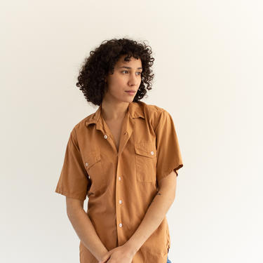 Vintage Almond Brown Short Sleeve Shirt | Flap Pocket Simple Blouse | Cotton Work Shirt | S M 