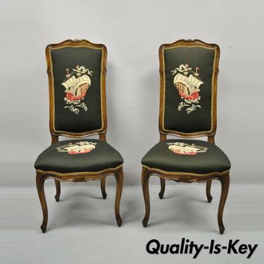 French Provincial Louis XV Walnut Side Chairs w/ Ship Boat Crevel Work - a Pair