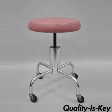 Vtg Chrome Pink Vinyl Adjust Steel Metal Work Stool Chair Dental Industrial A