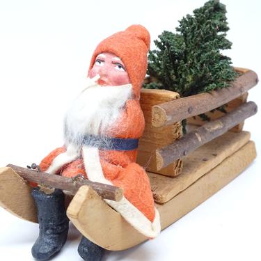 Antique 1930's German Santa on Sled with  Christmas Tree, Vintage Wooden Christmas Sleigh 