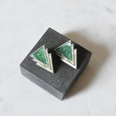 vintage triangle earrings, jade green geometric earrings 