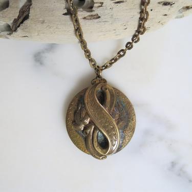 Vintage 1930s brass necklace, locket, Victorian love knot, lover's knot jewelry 