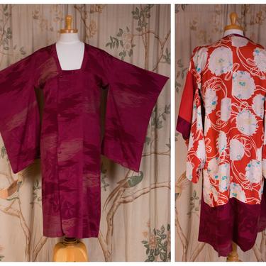 1940s Robe - Vibrant Japanese Michiyuki Robe in Burgundy Brocade with Stunning Printed Silk Lining c. 1940s or 50s 