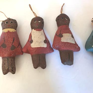 Vintage (4) Canvas Oilcloth Fabric Folk art Ornaments for your Holiday Decor- Hand crafted 